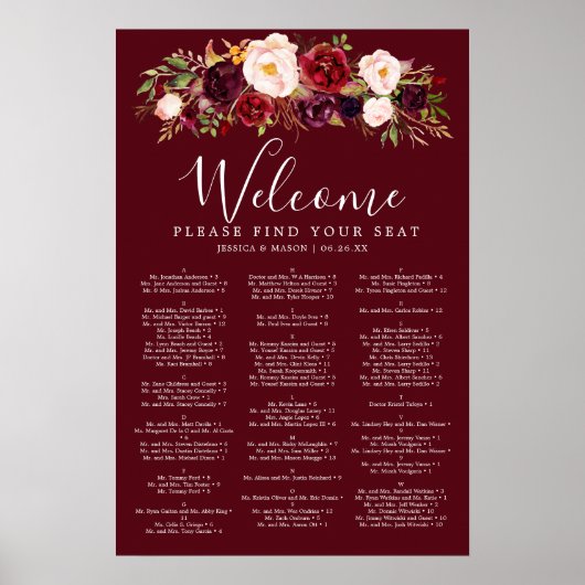 Boho Burgundy Marsala Wedding Seding Chart Sign Poster (Voorkant)