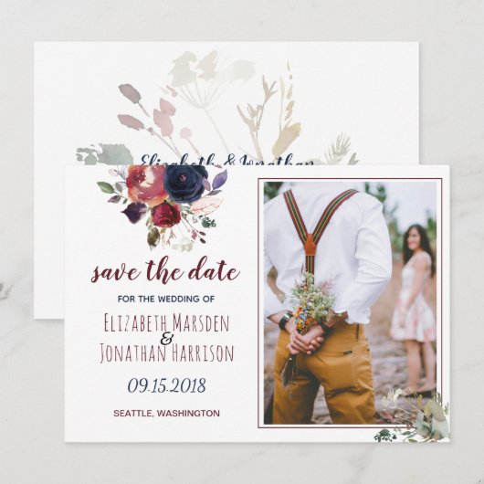 Boho Burgundy Navy Bloemen Foto Save The Date (Voorkant / Achterkant)