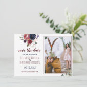 Boho Burgundy Navy Bloemen Foto Save The Date (Staand voorkant)