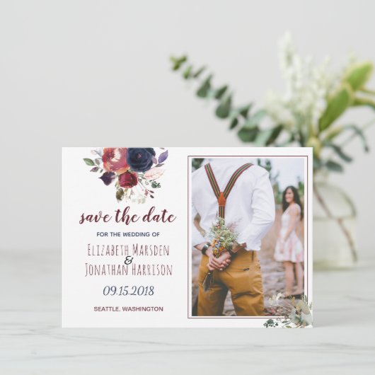Boho Burgundy Navy Bloemen Foto Save The Date (Staand voorkant)