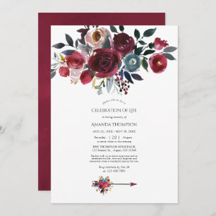 Boho Burgundy & Navy Floral Celebration of Life Kaart