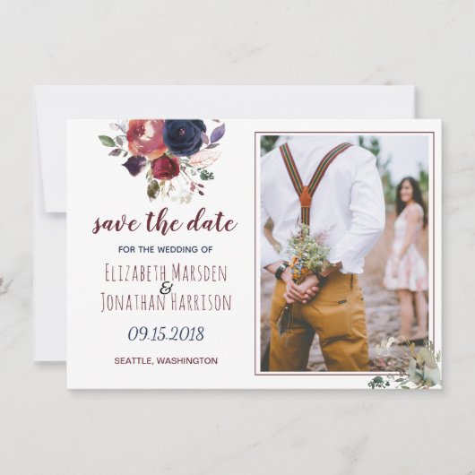 Boho Burgundy Navy Floral foto slaat de datum op Save The Date (Voorkant)