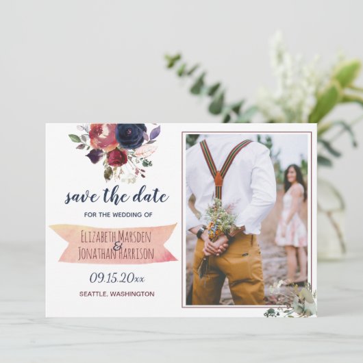 Boho Burgundy Navy Floral Foto ZZ Save the Date (Staand voorkant)
