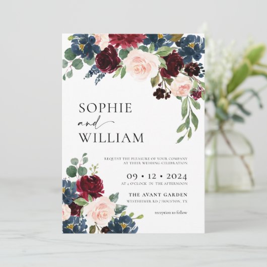 Boho Burgundy Navy Wedding Invitation Kaart (Staand voorkant)