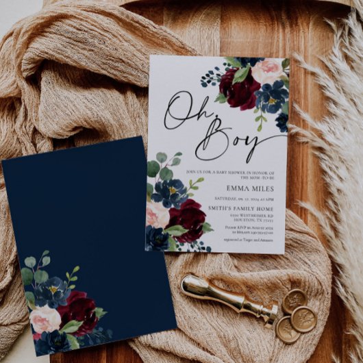 Boho Burgundy Oh Boy Baby shower Kaart