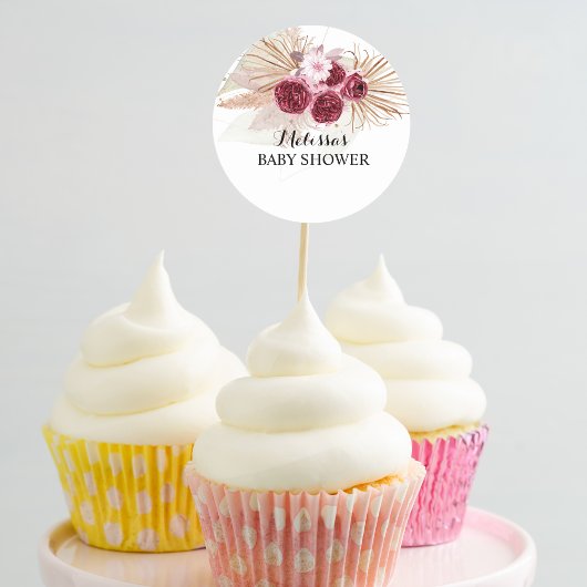Boho Burgundy Pampas Gras cupcake versiering Ronde Sticker