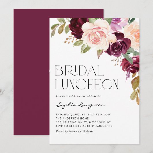 Boho Burgundy Peach Flowers Herfst Bridal Luncheon Kaart (Voorkant / Achterkant)