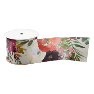 Boho Burgundy + Peach Waterverf Floral Ribbon Satijnen Lint