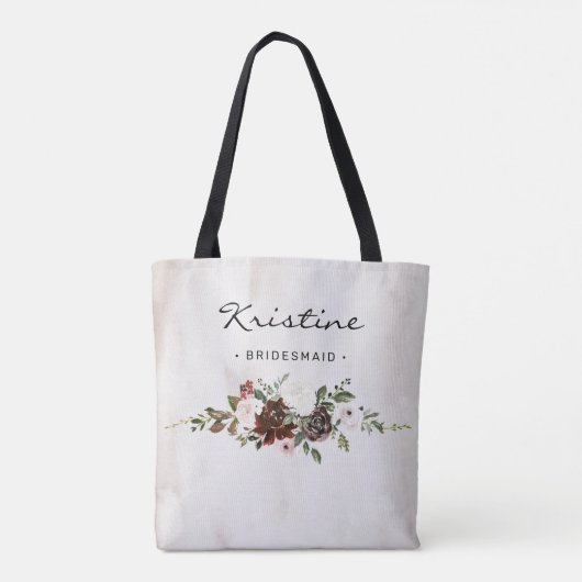 Boho Burgundy Pink Floral Black Script Bridesmaid Tote Bag (Achterkant)