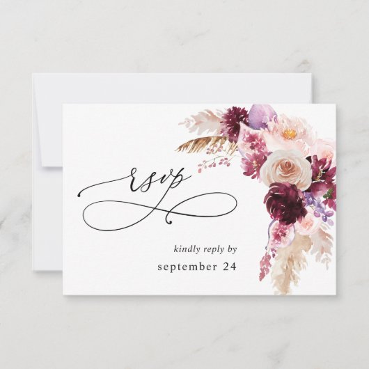 Boho Burgundy & Pink Floral & Fruit w Meal RSVP (Voorkant)