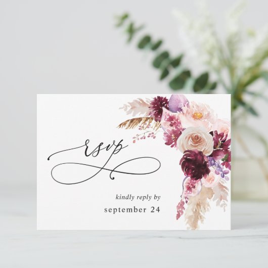 Boho Burgundy & Pink Floral & Fruit w Meal RSVP (Staand voorkant)