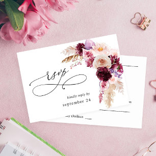 Boho Burgundy & Pink Floral & Fruit w Meal RSVP Kaartje