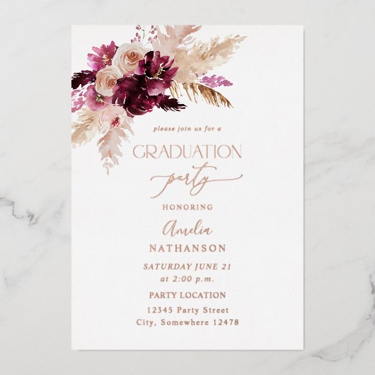 Boho Burgundy & Pink Floral Gradual Party - Volled Folie Uitnodiging (Voorkant)