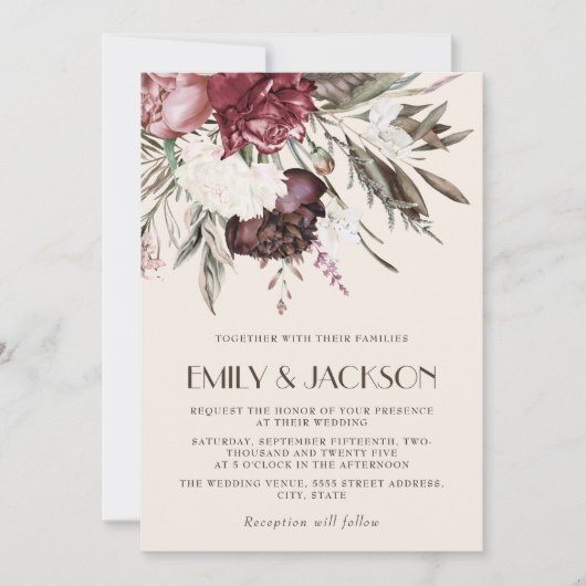  Boho Burgundy Pink Floral Greenery Wedding Kaart (Voorkant)