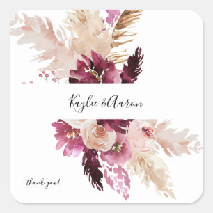 Boho Burgundy & Pink Floral Pampas Grass Dank je Vierkante Sticker