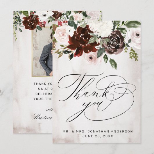 Boho Burgundy Pink Rose Waterverf Floral Wedding Bedankkaart (Voorkant / Achterkant)