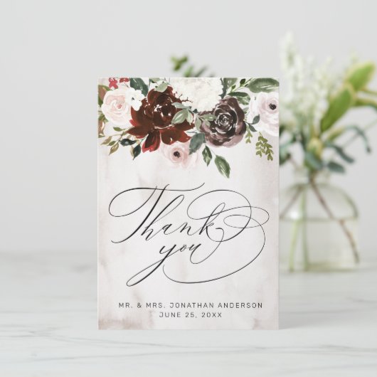 Boho Burgundy Pink Rose Waterverf Floral Wedding Bedankkaart (Staand voorkant)