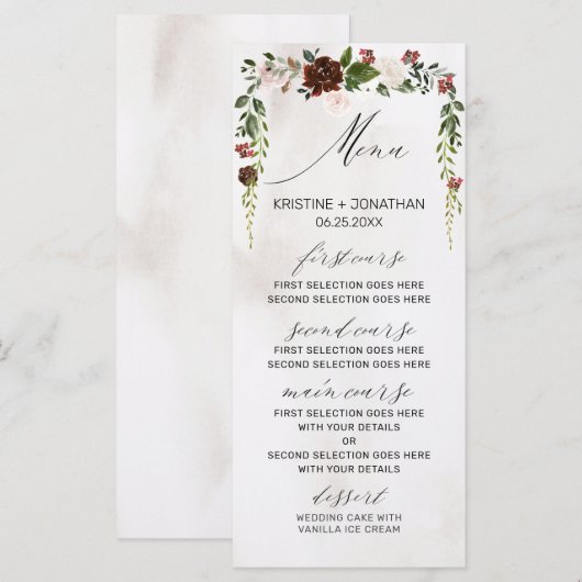 Boho Burgundy Pink Rose Waterverf Floral Wedding Menu (Voorkant / Achterkant)
