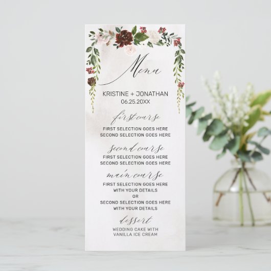 Boho Burgundy Pink Rose Waterverf Floral Wedding Menu (Staand voorkant)