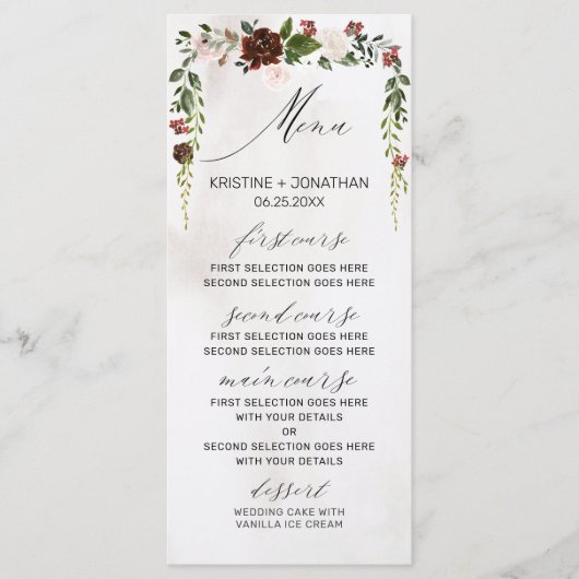 Boho Burgundy Pink Rose Waterverf Floral Wedding Menu (Voorkant)