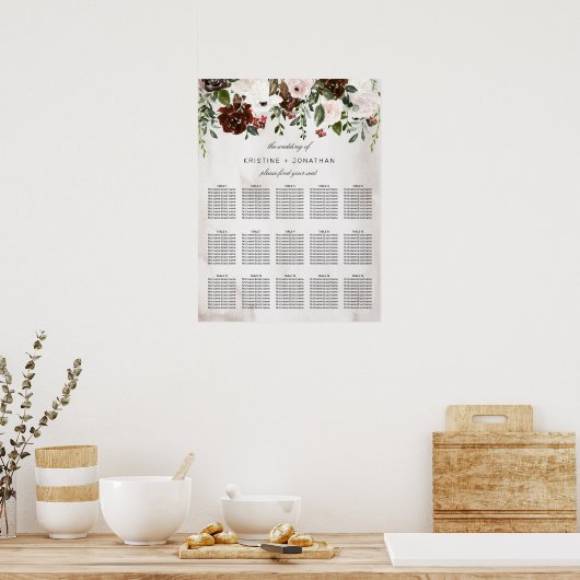 Boho Burgundy Pink Rose Waterverf Floral Wedding Poster (Keuken)