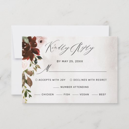 Boho Burgundy Pink Rose Waterverf Floral Wedding RSVP Kaartje (Voorkant)