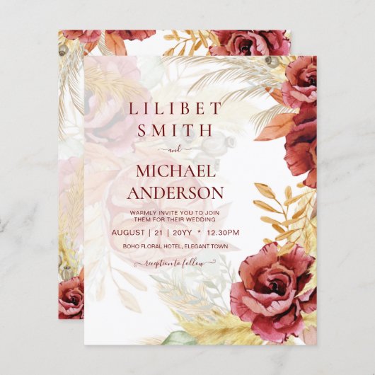 BOHO Burgundy Roos Pampas Grass Wedding (Voorkant / Achterkant)