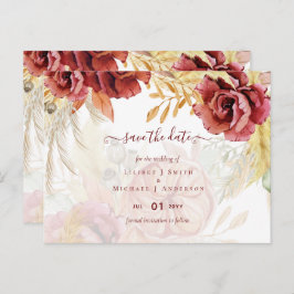 BOHO Burgundy Roos Pampas Grass Wedding Briefkaart