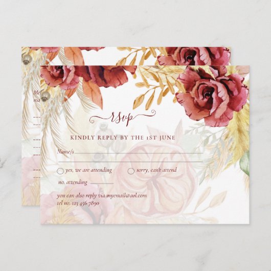 BOHO Burgundy Roos Pampas Grass Wedding Briefkaart (Voorkant / Achterkant)