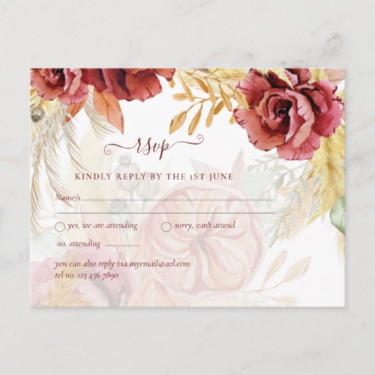 BOHO Burgundy Roos Pampas Grass Wedding Briefkaart (Voorkant)