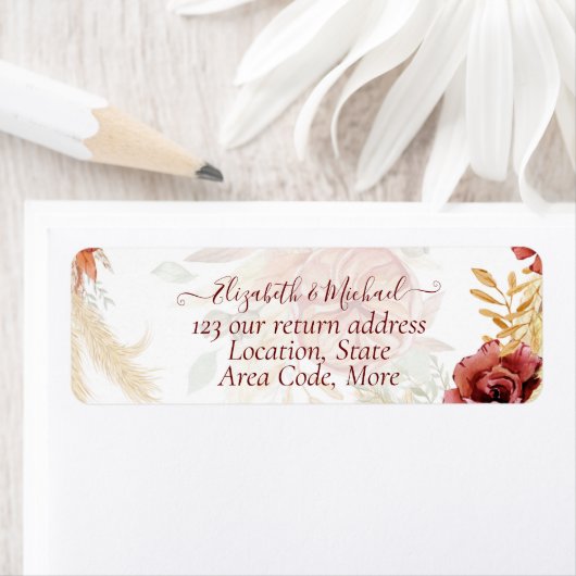 BOHO Burgundy Roos Pampas Grass Wedding Etiket (Insitu)