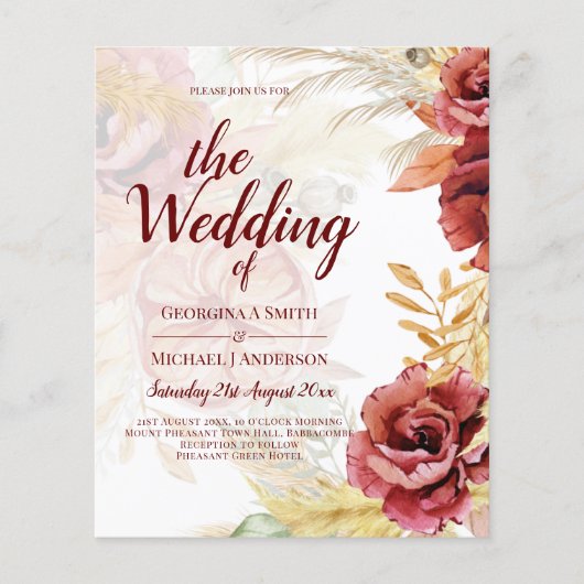 BOHO Burgundy Roos Pampas Grass Wedding Flyer (Voorkant)