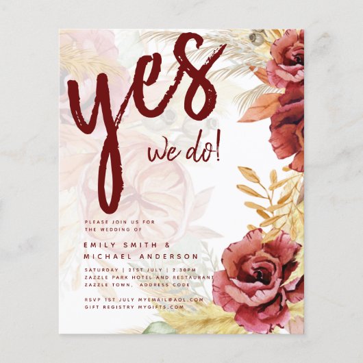 BOHO Burgundy Roos Pampas Grass Wedding Flyer (Voorkant)