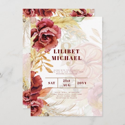 BOHO Burgundy Roos Pampas Grass Wedding Kaart (Voorkant / Achterkant)