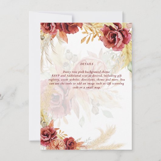 BOHO Burgundy Roos Pampas Grass Wedding Kaart (Achterkant)