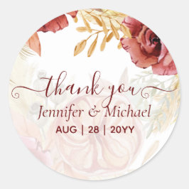 BOHO Burgundy Roos Pampas Grass Wedding Ronde Sticker
