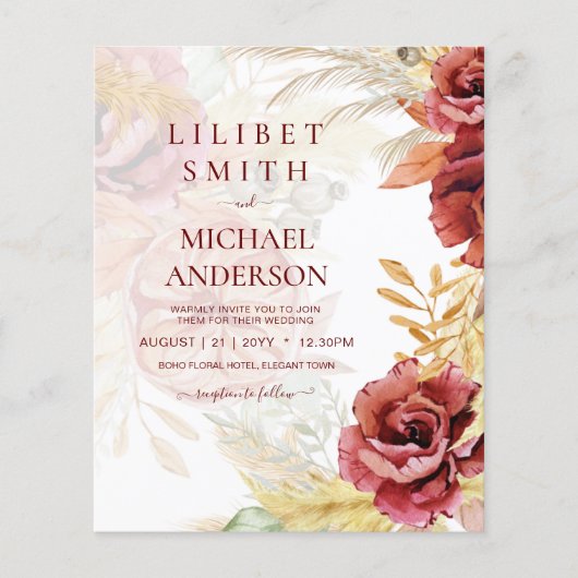 Boho Burgundy Roze Pampas Gras Bruiloft (Voorkant)