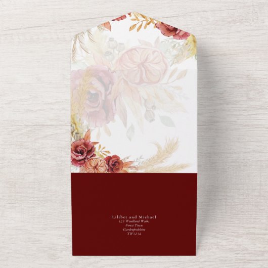 Boho Burgundy Roze Pampas Gras Bruiloft All In One Uitnodiging (Buitenkant)