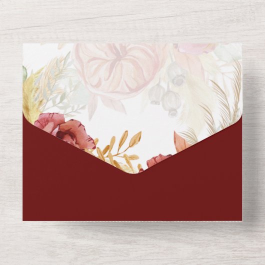 Boho Burgundy Roze Pampas Gras Bruiloft All In One Uitnodiging (Achterkant)