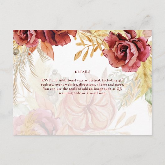 Boho Burgundy Roze Pampas Gras Bruiloft Briefkaart (Achterkant)