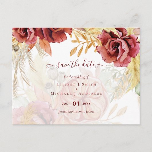 Boho Burgundy Roze Pampas Gras Bruiloft Briefkaart (Voorkant)