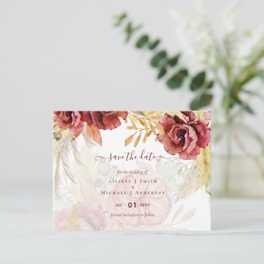 Boho Burgundy Roze Pampas Gras Bruiloft Briefkaart (Staand voorkant)