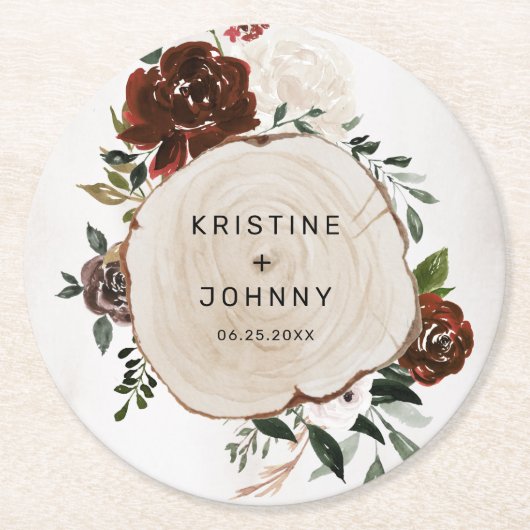 Boho Burgundy Roze Roos Bloemige Houten Snede Trou Ronde Kartonnen Onderzetter (Voorkant)