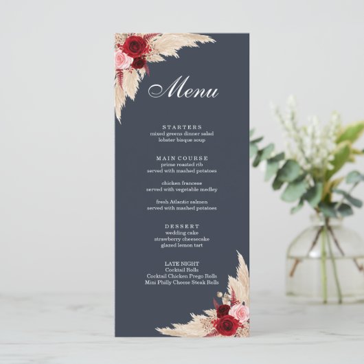Boho Burgundy Rozen en Pampas Grass Menu (Staand voorkant)