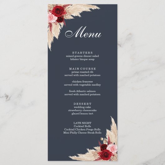 Boho Burgundy Rozen en Pampas Grass Menu (Voorkant)