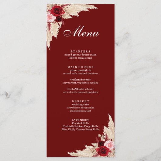 Boho Burgundy Rozen en Pampas Grass Menu (Voorkant)