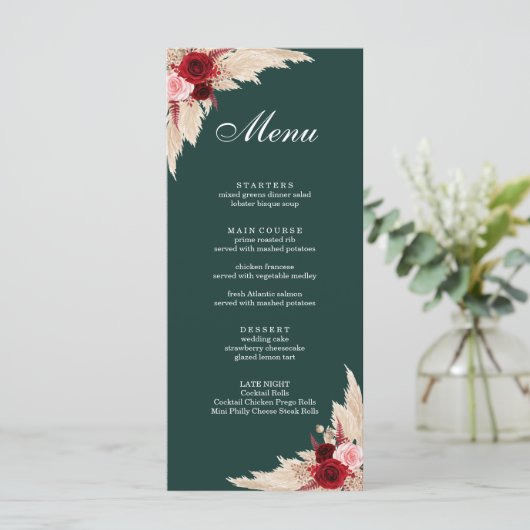 Boho Burgundy Rozen en Pampas Grass Menu (Staand voorkant)