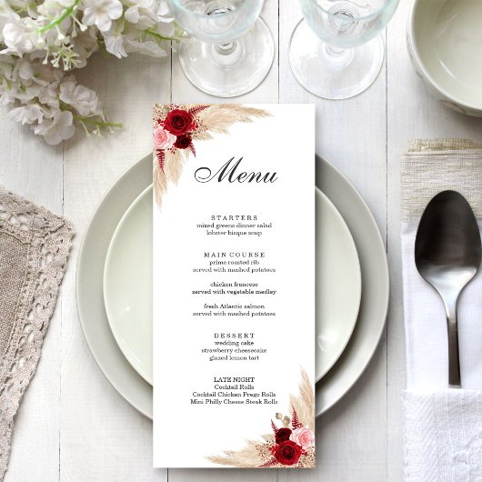 Boho Burgundy Rozen en Pampas Grass Menu