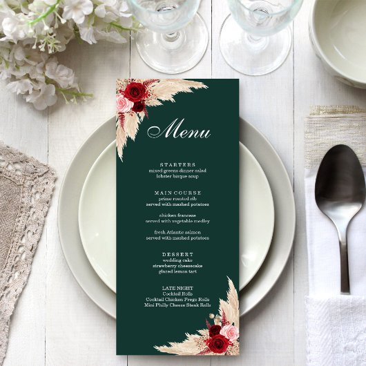 Boho Burgundy Rozen en Pampas Grass Menu