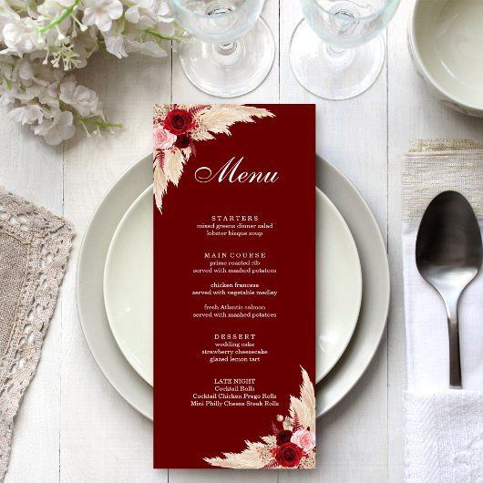 Boho Burgundy Rozen en Pampas Grass Menu